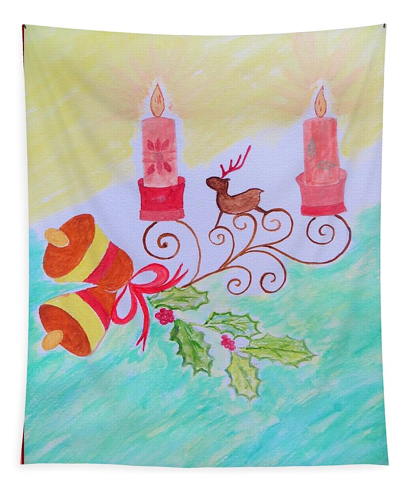Reindeer Christmas Tapestry featuring the painting Happy Christmas by Sonali Gangane
