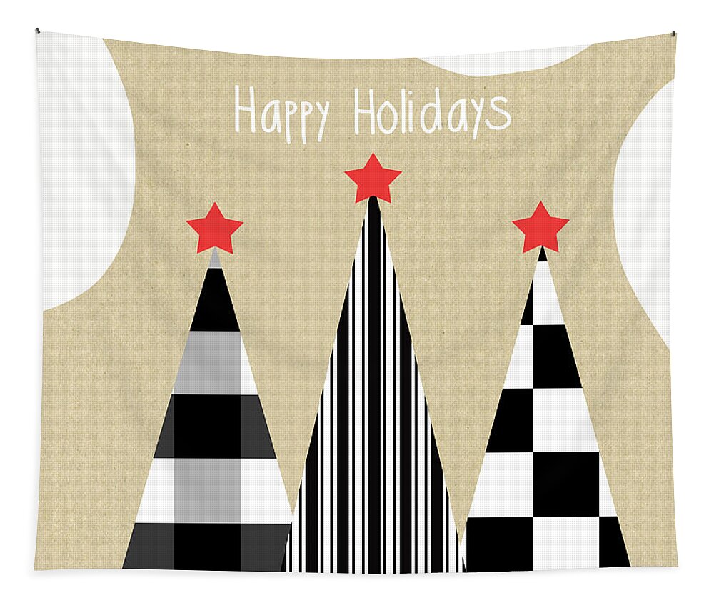Holidays Tapestry featuring the mixed media Happy Holidays with Black and White Trees by Linda Woods