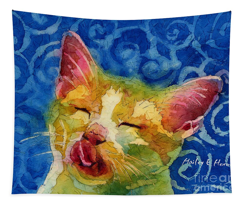 Cat Tapestry featuring the painting Happy Sunbathing by Hailey E Herrera