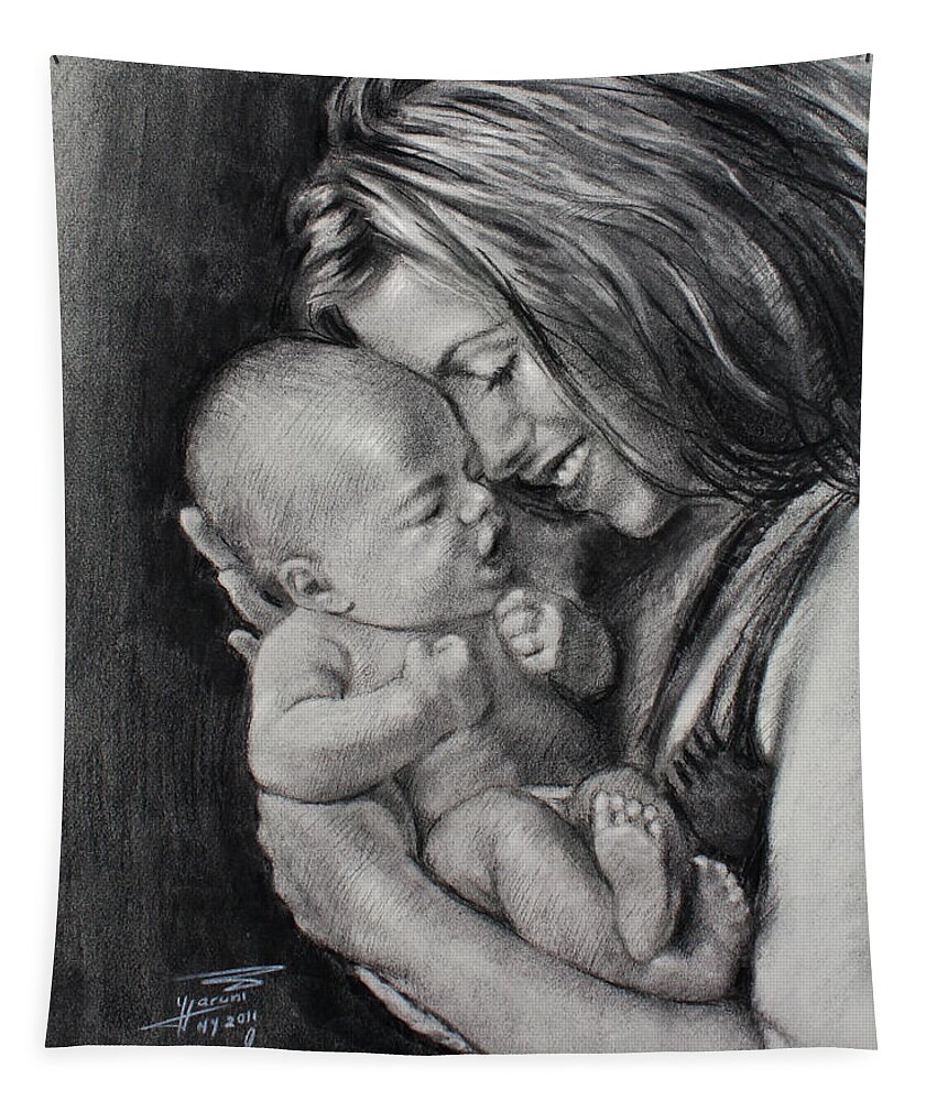 Happy Young Mother Tapestry featuring the drawing Happy Young Mother by Ylli Haruni