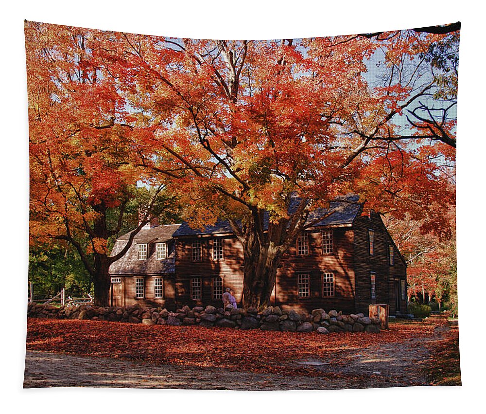 Autumn Foliage New England Tapestry featuring the photograph Hartwell tavern under canopy of fall foliage by Jeff Folger