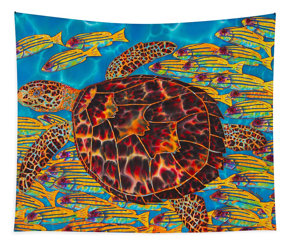 Sea Turtle Tapestry featuring the painting Hawksbill Sea Turtle and Snappers by Daniel Jean-Baptiste