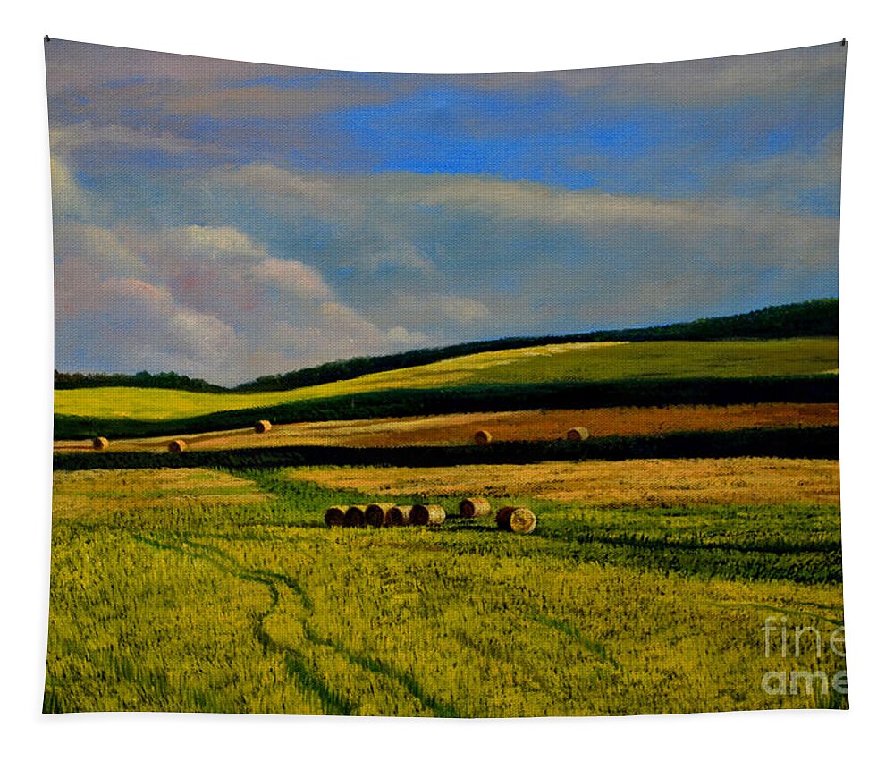 Hay Rolls Tapestry featuring the painting Hay Rolls on the Field Number Two by Christopher Shellhammer