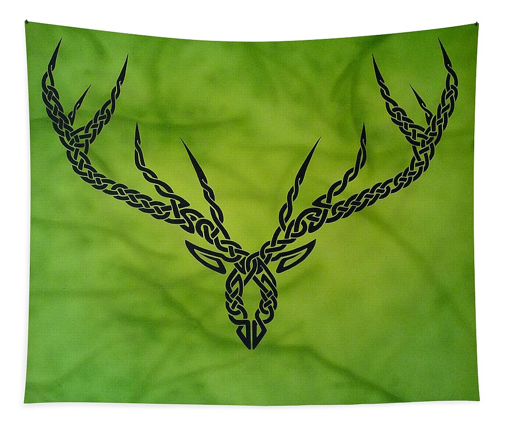 Celtic Knotwork Antlers Green Forest Antlers Deer Hunter Hunting Trees Branches Nature Cernunnos Tapestry featuring the painting Herne by Guy Pettingell