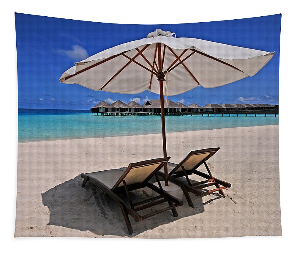 Maldives Tapestry featuring the photograph Hideaway under the Tropical Sun. Maldives by Jenny Rainbow