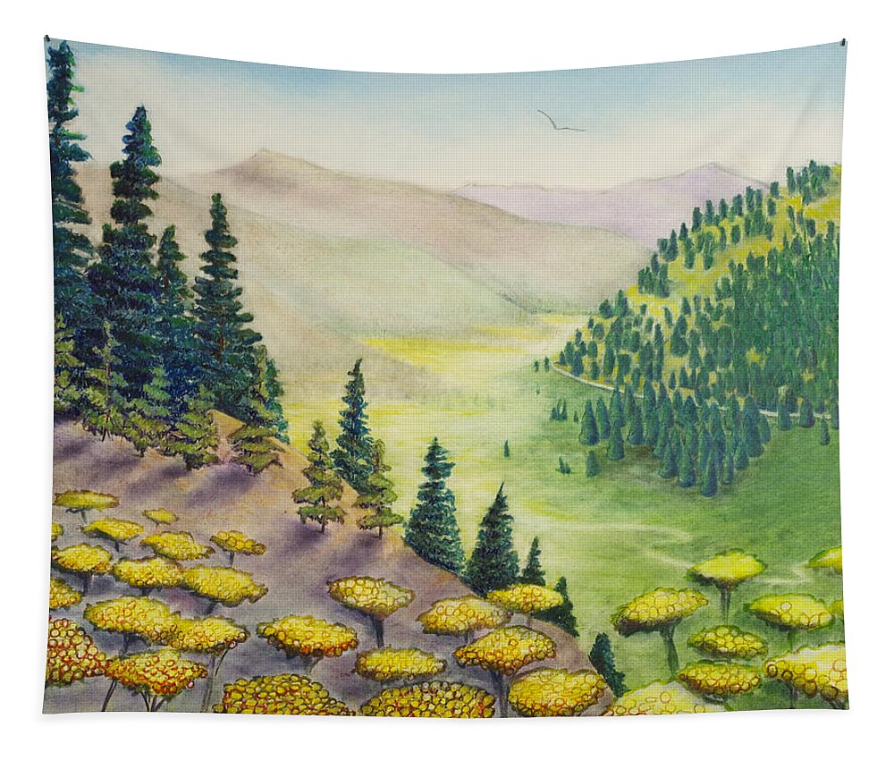 Washington Tapestry featuring the pastel Hillside of Yarrow Flowers with Pine Tress by Michele Fritz