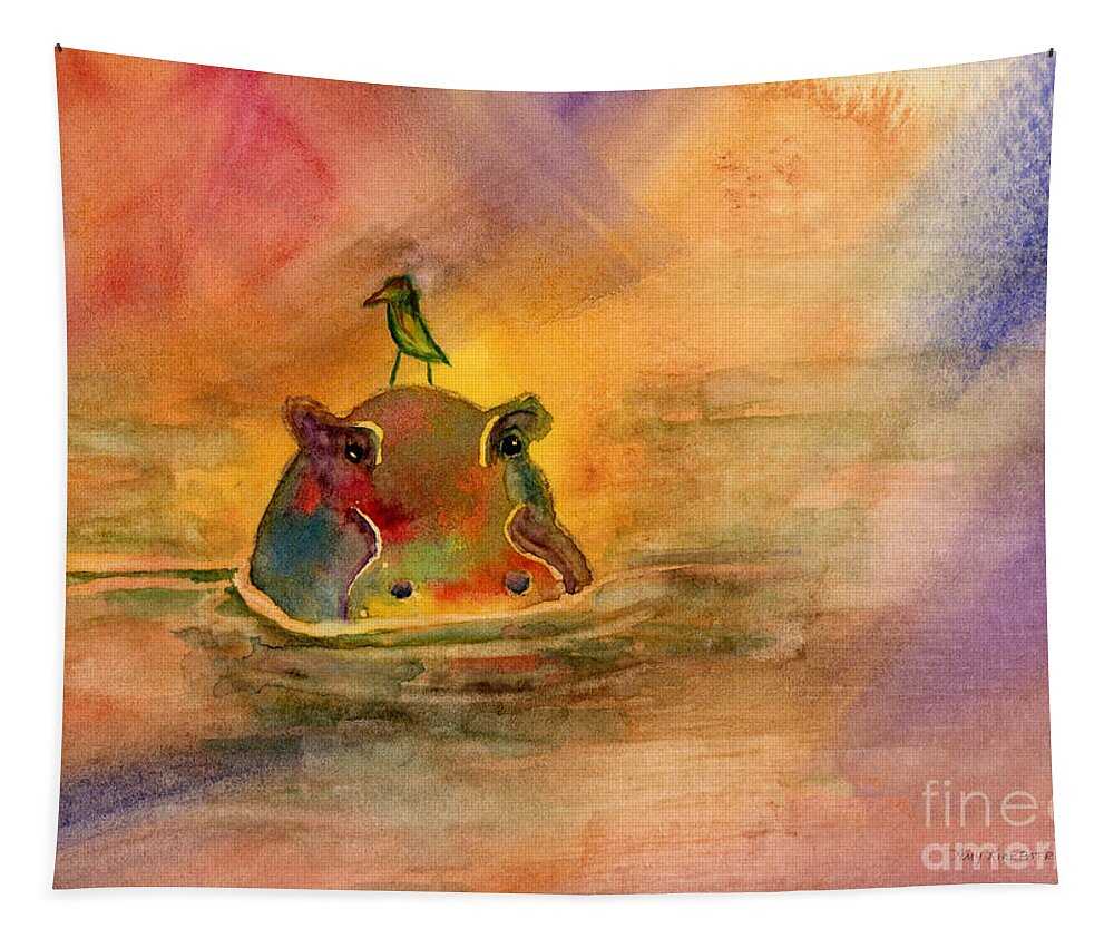 Hippopotamus Tapestry featuring the painting Hippo Birdie by Amy Kirkpatrick