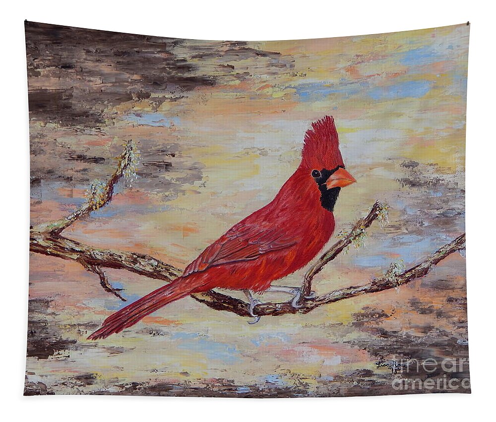 Northern Cardinal Tapestry featuring the painting His Angel for Estera by Lisa Rose Musselwhite