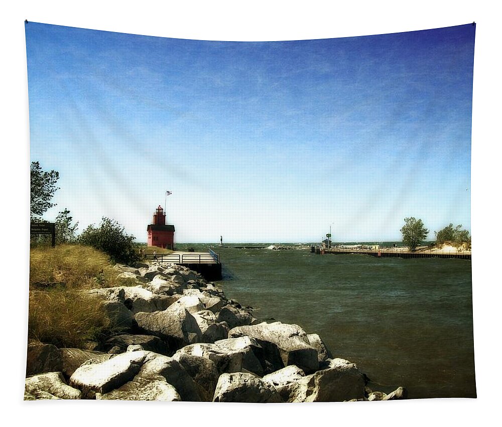 Lighthouse Tapestry featuring the photograph Holland Channel and Big Red by Michelle Calkins