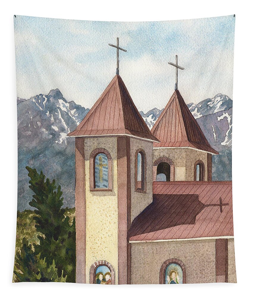 Church Painting Tapestry featuring the painting Holy Family Catholic Church in Fort Garland Colorado by Anne Gifford
