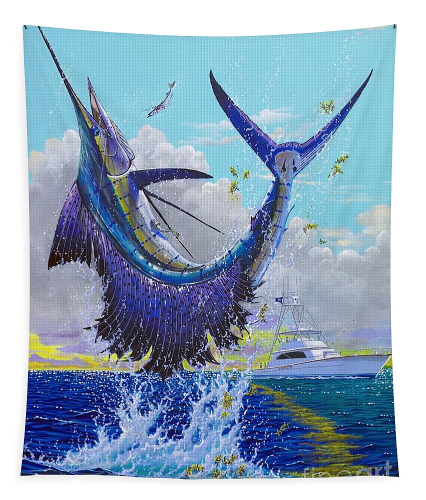 Sailfish Tapestry featuring the painting Hooked Up Off004 by Carey Chen