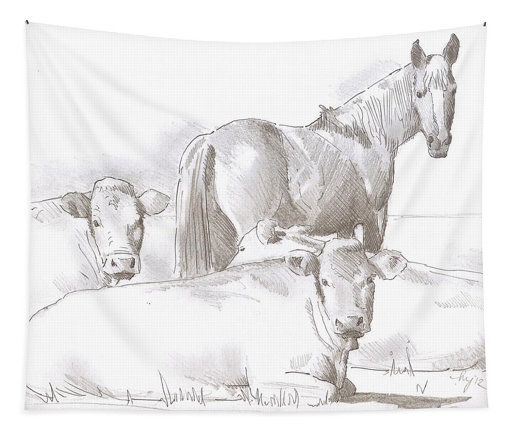 Horse Tapestry featuring the drawing Horse and Cows sketch by Mike Jory