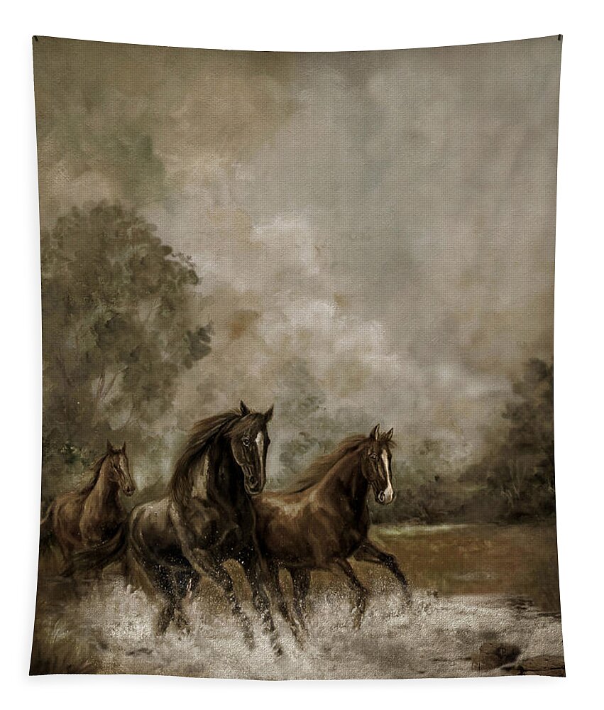 Horse Painting Tapestry featuring the painting Horse Painting Escaping the Storm by Regina Femrite