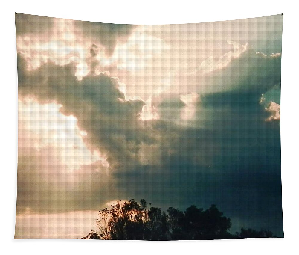 #cowboy #horse #horserider #skyscene #stormclouds #goldenrays #sunbeams Tapestry featuring the photograph Horse Rider in the Sky by Belinda Lee