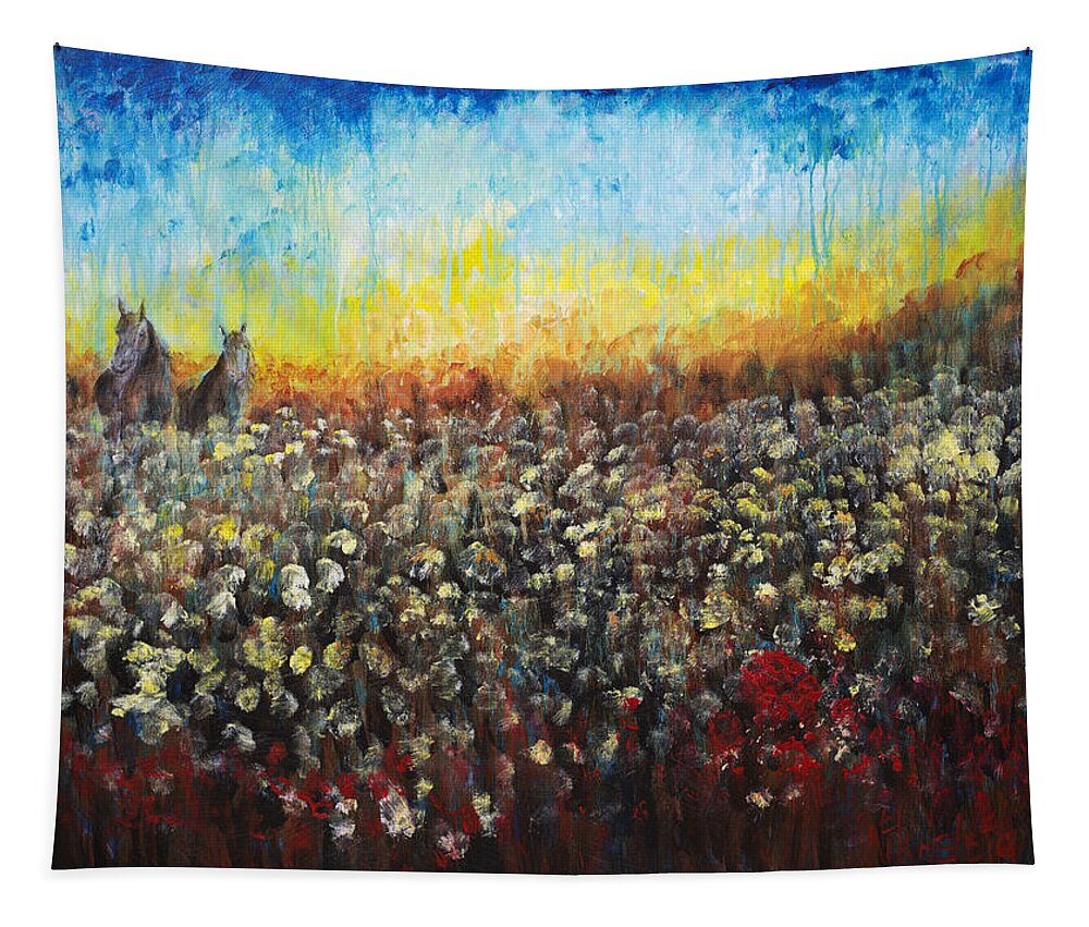 Horses Tapestry featuring the painting Horses and Dandelions by Nik Helbig