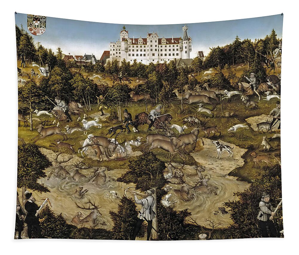Lucas Cranach The Elder Tapestry featuring the painting Hunting in honor of Charles V near the Castle of Torgau by Lucas Cranach the Elder