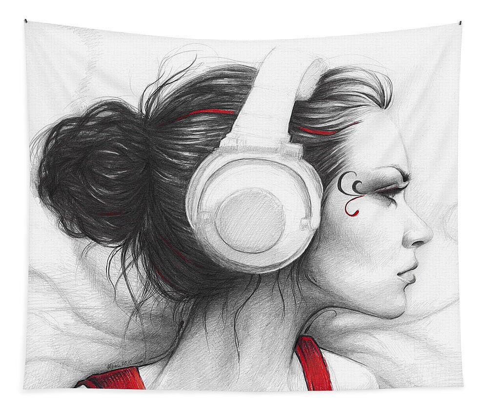 Beautiful Girl Tapestry featuring the drawing I Love Music by Olga Shvartsur