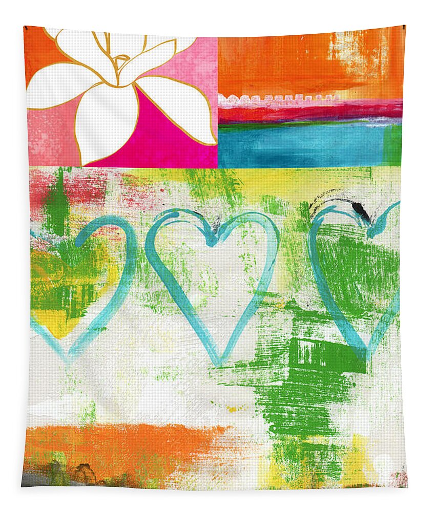 Magnolia Tapestry featuring the painting In Bloom- colorful heart and flower art by Linda Woods