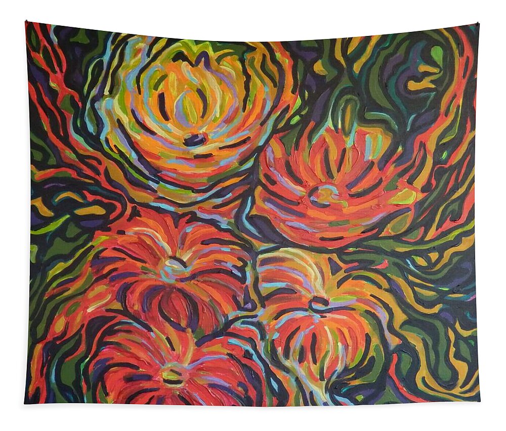 Zinnias Tapestry featuring the painting In full bloom by Zofia Kijak