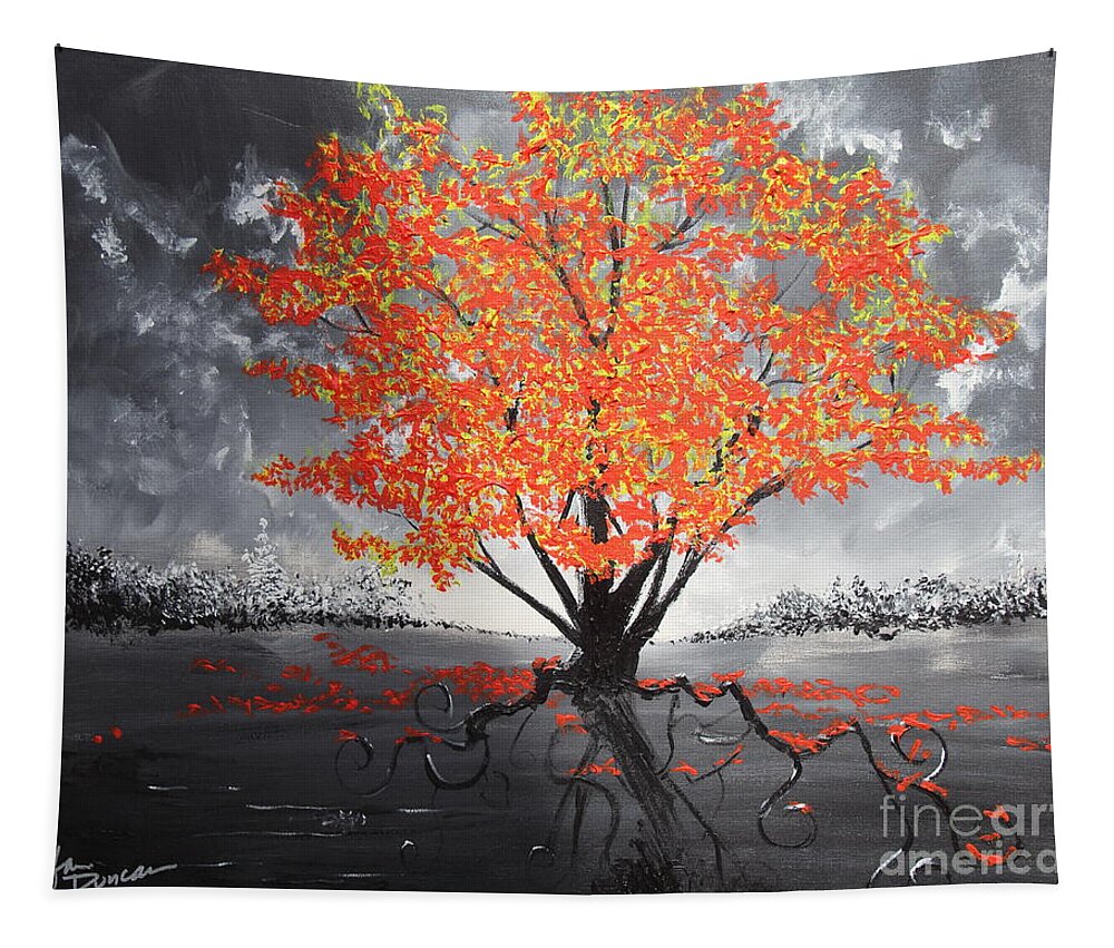 Red Tree Tapestry featuring the painting Blaze In The Twilight #1 by Stefan Duncan