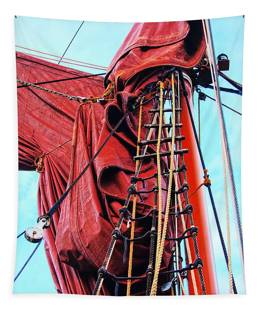 Sailing Barge Rigging Imagery Tapestry featuring the photograph In The Rigging by David Davies