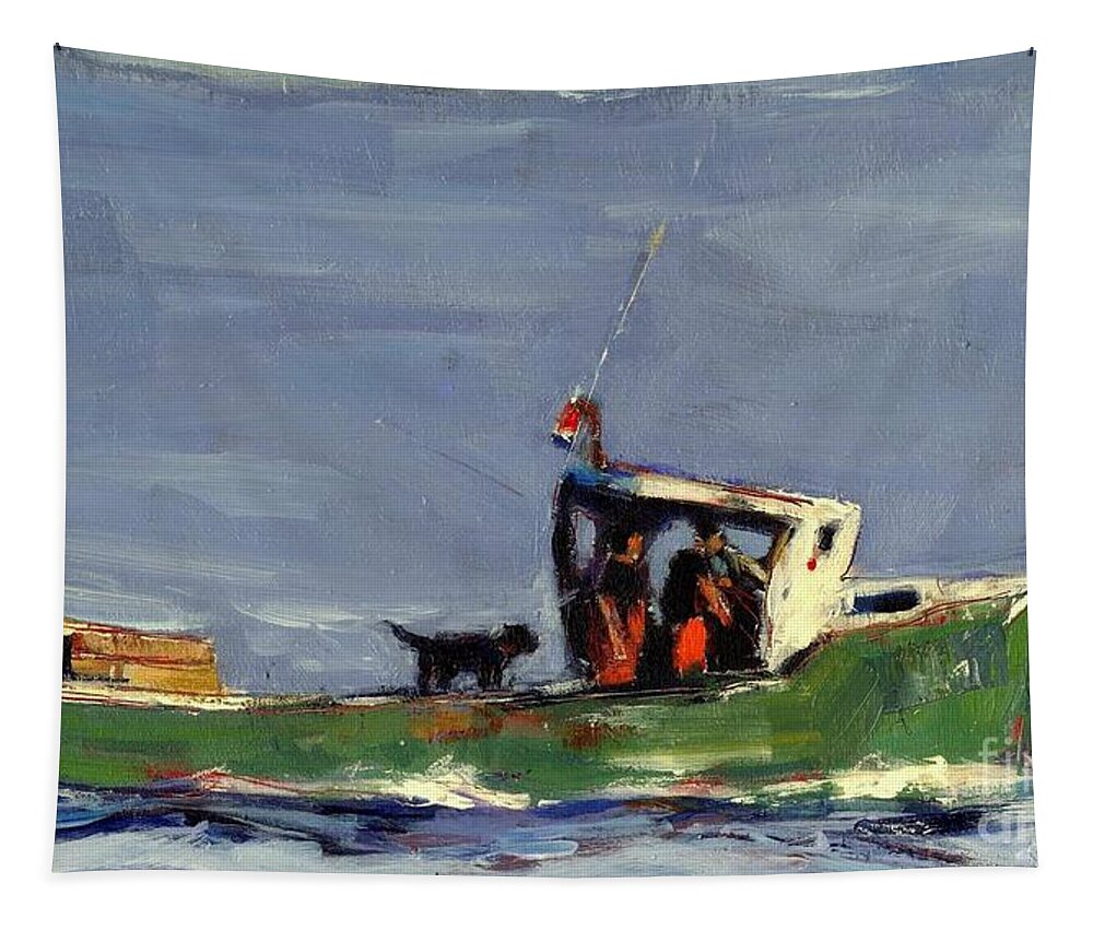 Lobster Boat Tapestry featuring the painting In Tow by Molly Poole