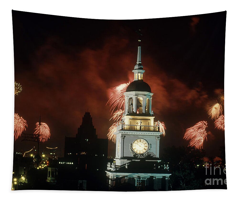 Independence Hall Tapestry featuring the photograph Independence Hall Fireworks by Joseph Nettis