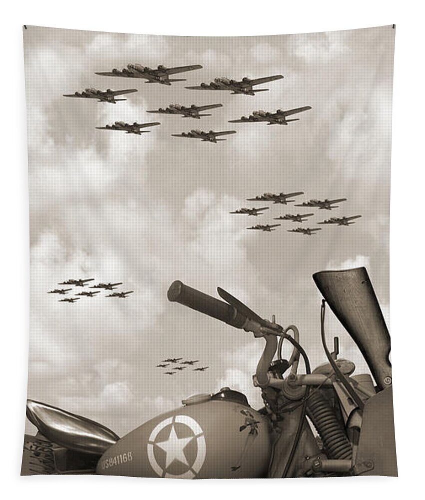 Ww2 Tapestry featuring the photograph Indian 841 And The B-17 Panoramic Sepia by Mike McGlothlen