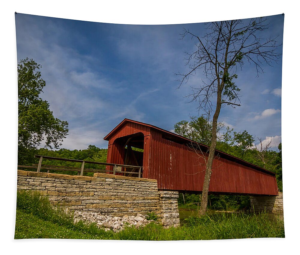 Indiana Tapestry featuring the photograph Indiana - Cataract Falls Covered Bridge Owen County - horiz by Ron Pate
