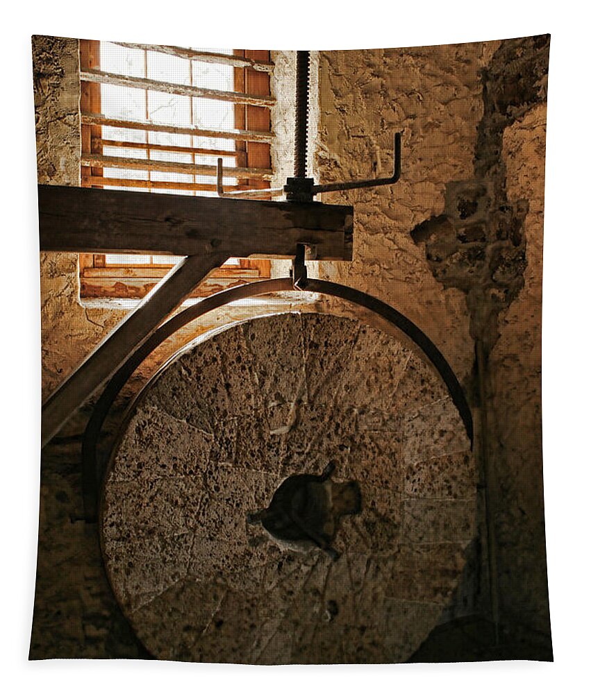 Millstone Tapestry featuring the photograph Inside the Gristmill by Kristia Adams