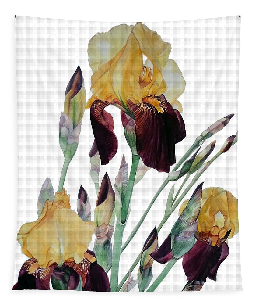 Watercolor Tapestry featuring the painting Watercolor of Tall Bearded Iris in Yellow and Maroon I call Iris Beethoven by Greta Corens