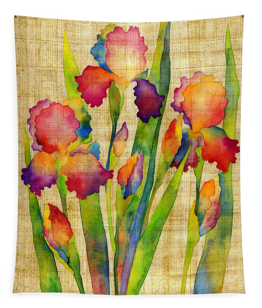Iris Tapestry featuring the painting Iris Elegance on Yellow by Hailey E Herrera