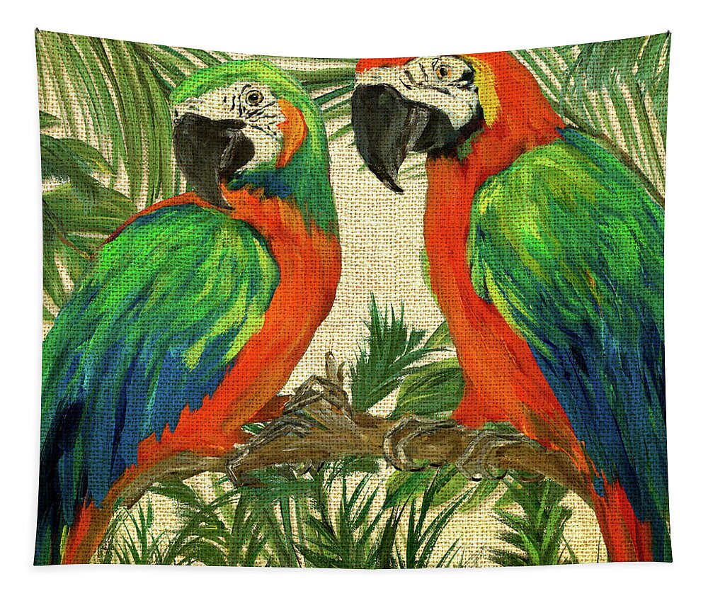 Parrot Tapestry featuring the painting Island Birds Square On Burlap I by Julie Derice