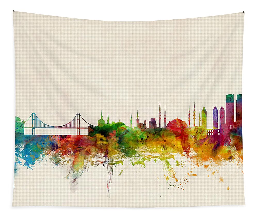 Istanbul Tapestry featuring the digital art Istanbul Turkey Skyline by Michael Tompsett