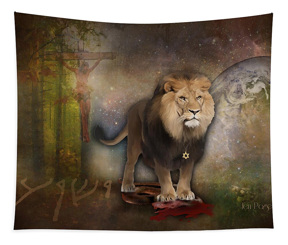 Lion Tapestry featuring the digital art It is Finished by Jennifer Page