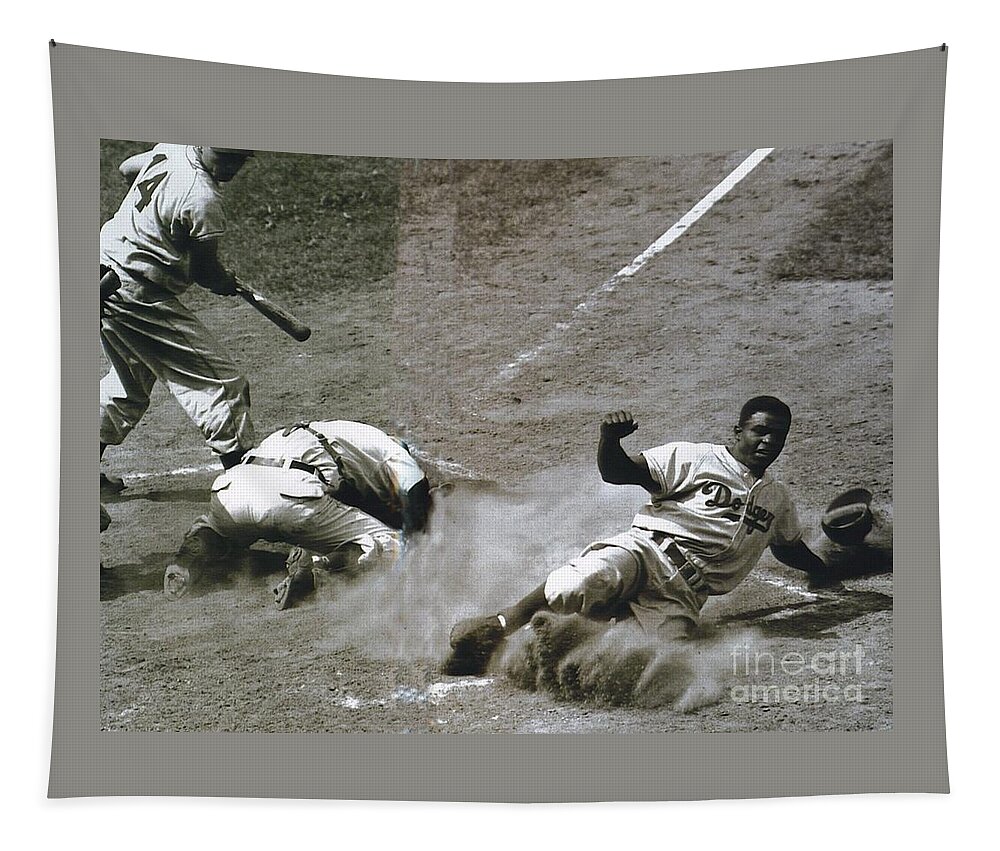 Jackie Robinson Tapestry featuring the photograph Jackie Robinson sliding home by Vintage Collectables