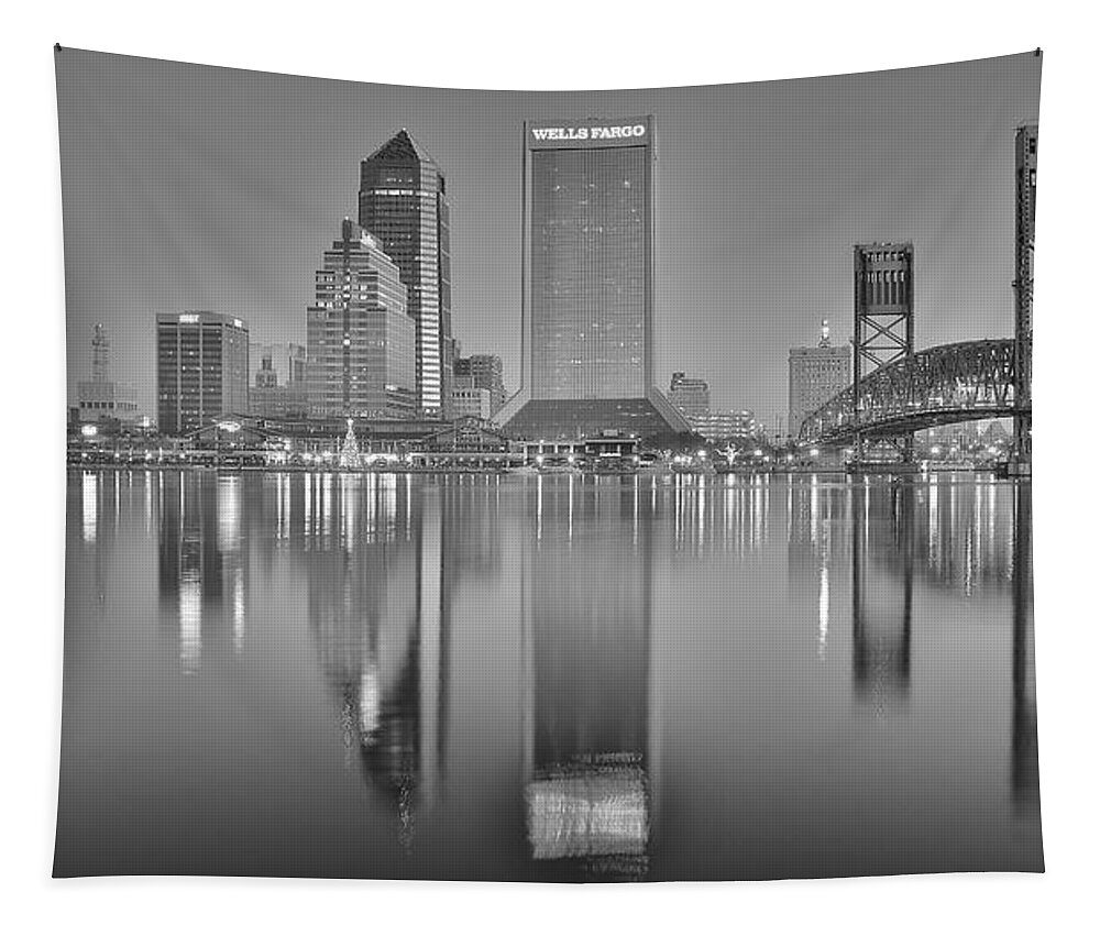 Jacksonville Tapestry featuring the photograph Jacksonville Florida Black and White Panoramic View by Frozen in Time Fine Art Photography