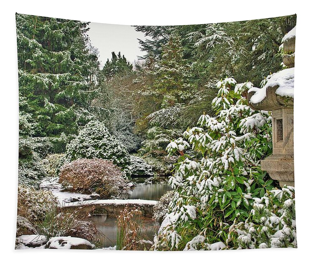Snowfalljapanese Gardenkubota Gardenlandscapegarden Tapestry featuring the photograph Japanese Garden Snowfall by Jeff Cook