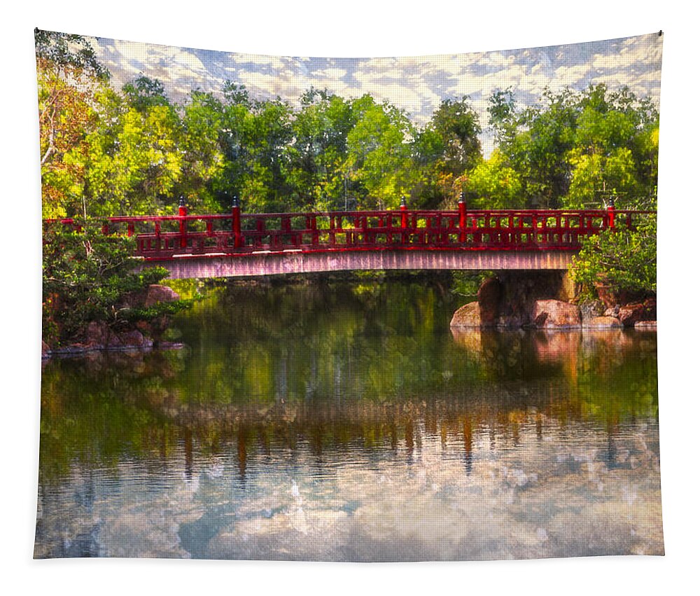 Clouds Tapestry featuring the photograph Japanese Gardens Bridge by Debra and Dave Vanderlaan