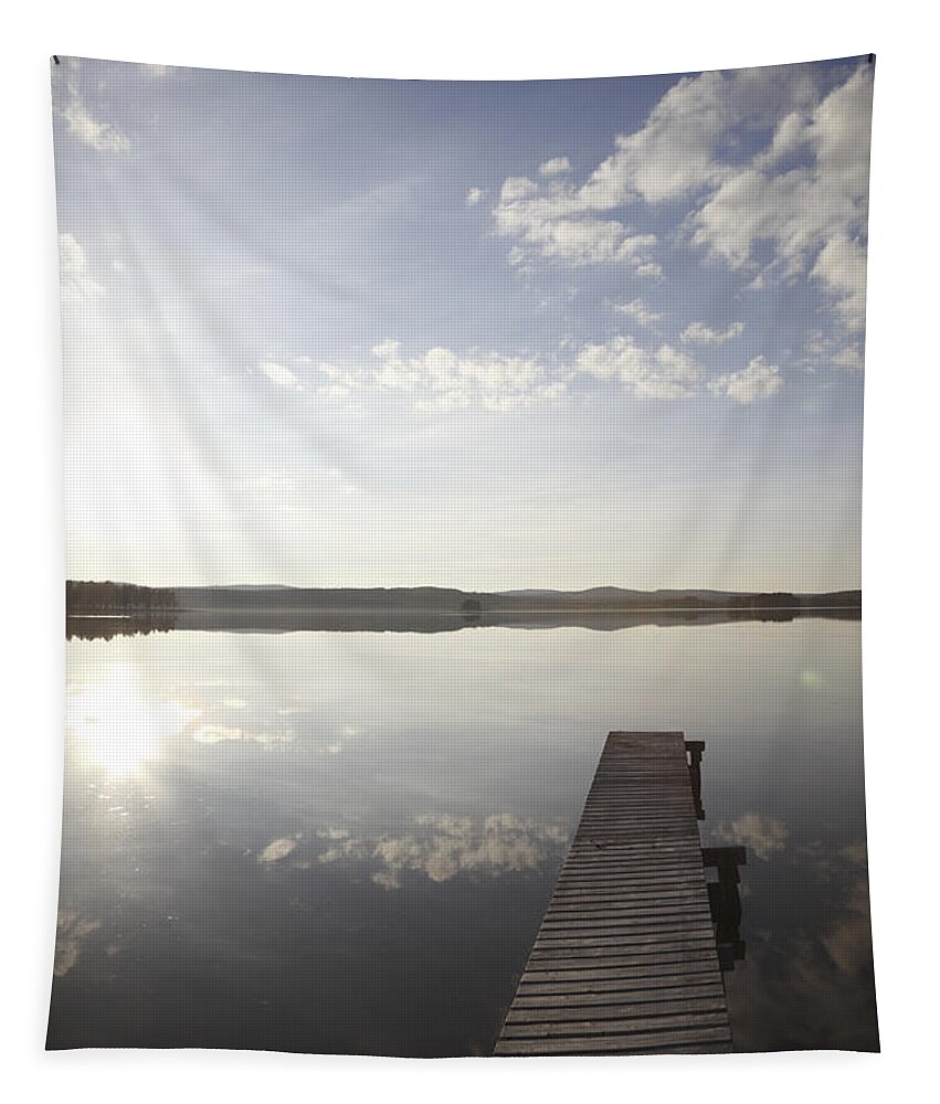 Anundsjoe Tapestry featuring the photograph Jetty and double sun - available for licensing by Ulrich Kunst And Bettina Scheidulin