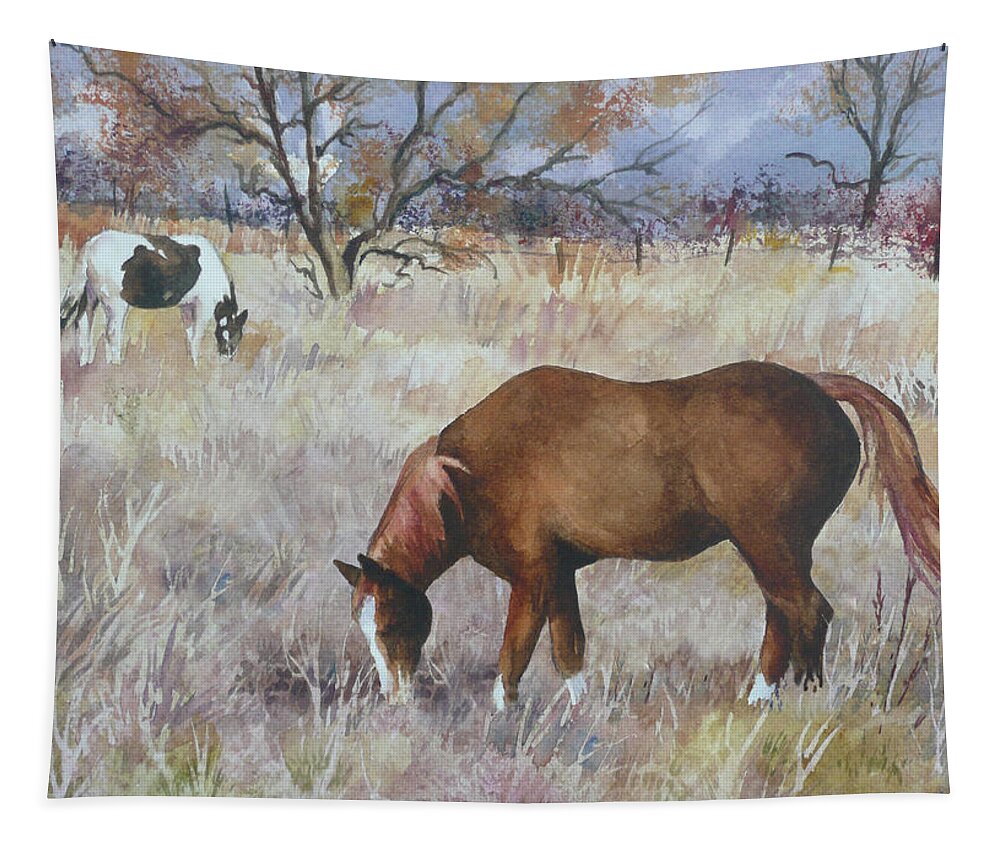 Horse Painting Tapestry featuring the painting Jill's Horses on a November Day by Anne Gifford
