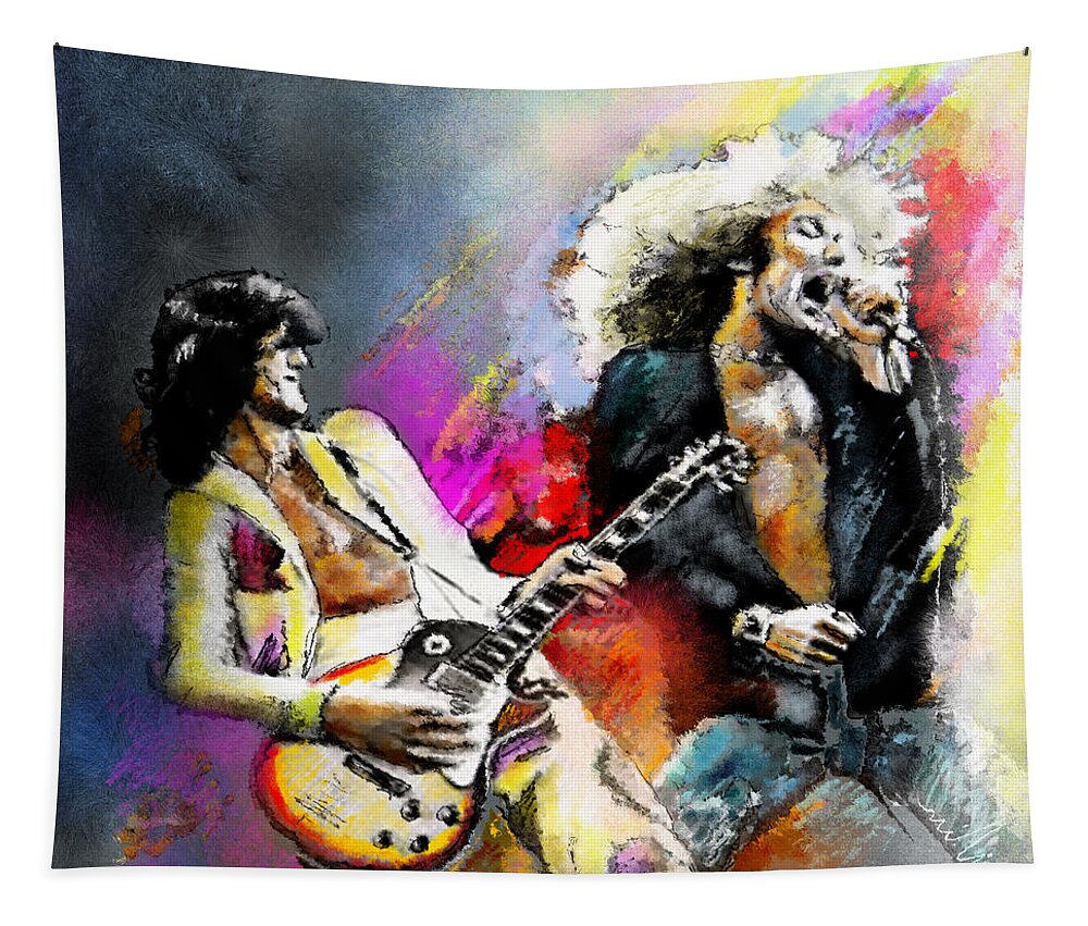 Musicians Tapestry featuring the painting Jimmy Page and Robert Plant Led Zeppelin by Miki De Goodaboom