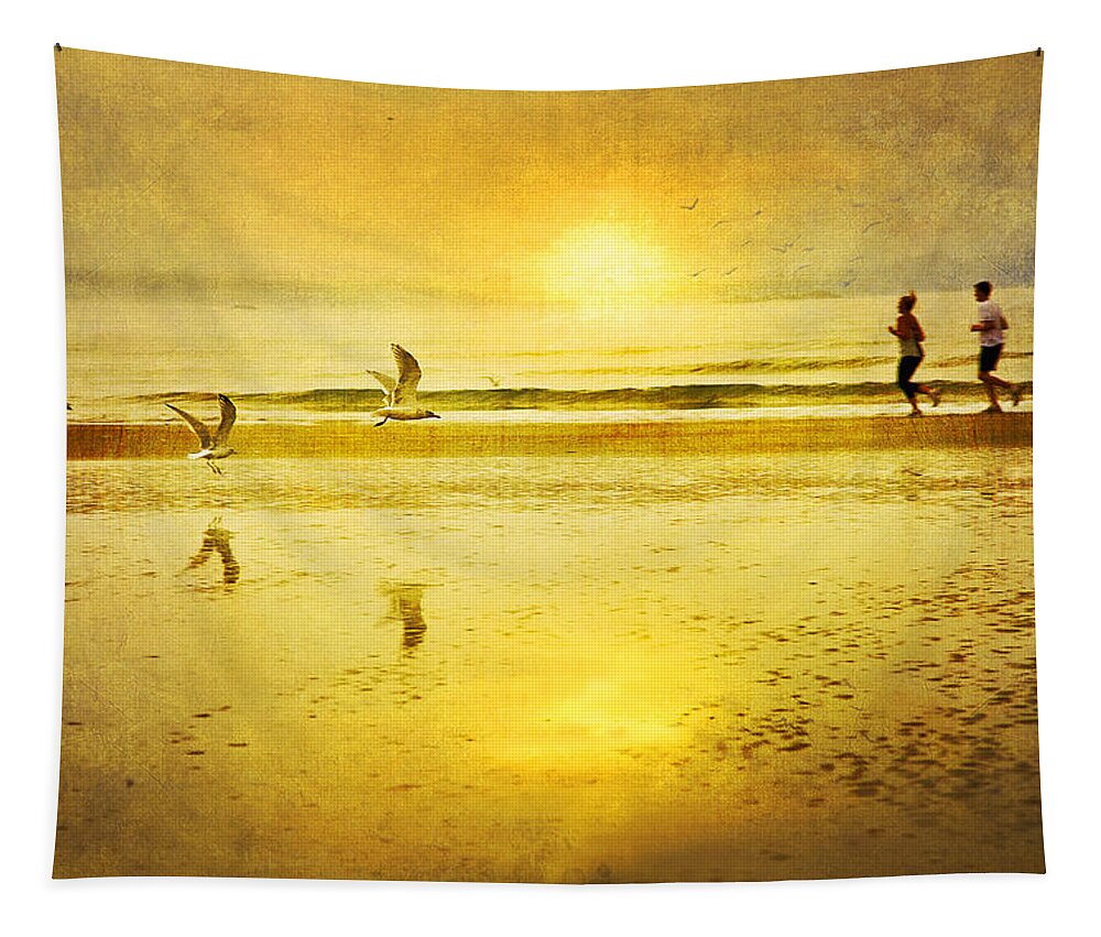Beach Tapestry featuring the photograph Jogging On Beach With Gulls by Theresa Tahara