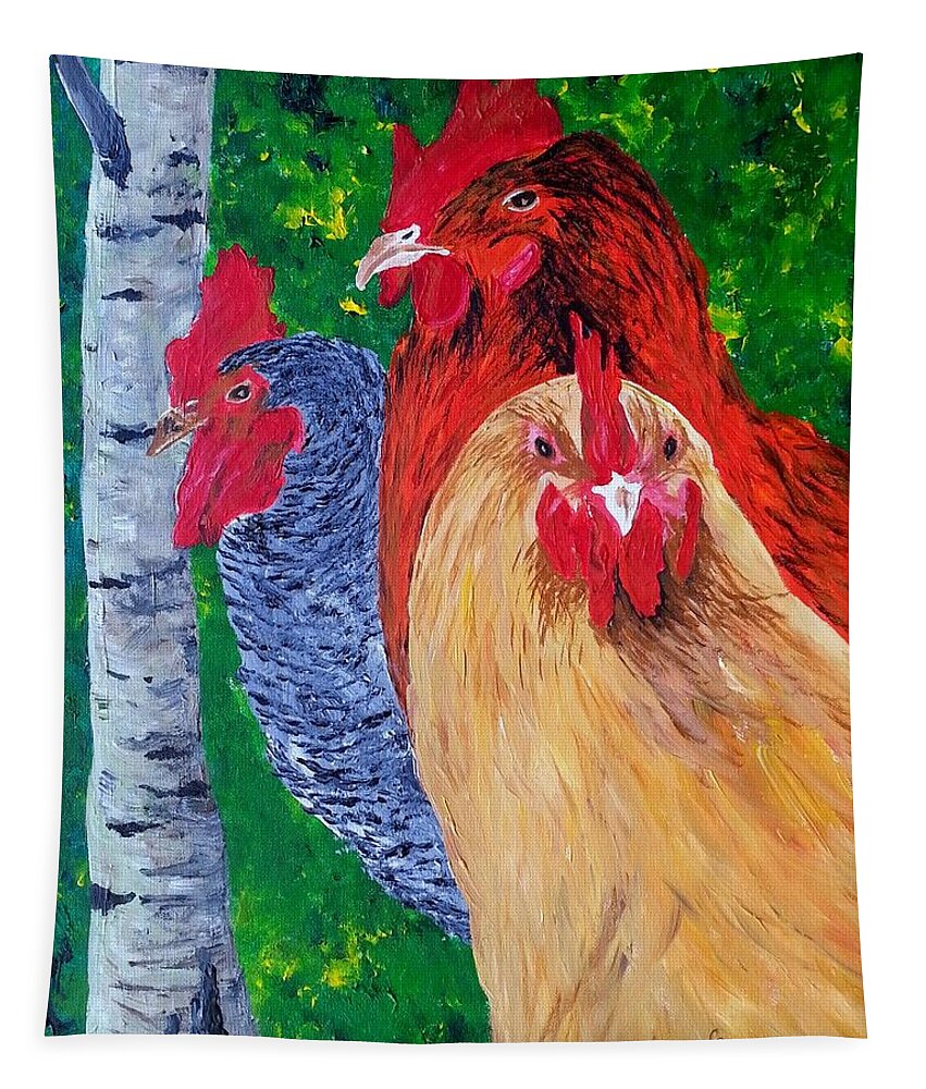 Rooster Paintings Tapestry featuring the painting John's Chickens by Cheryl Nancy Ann Gordon