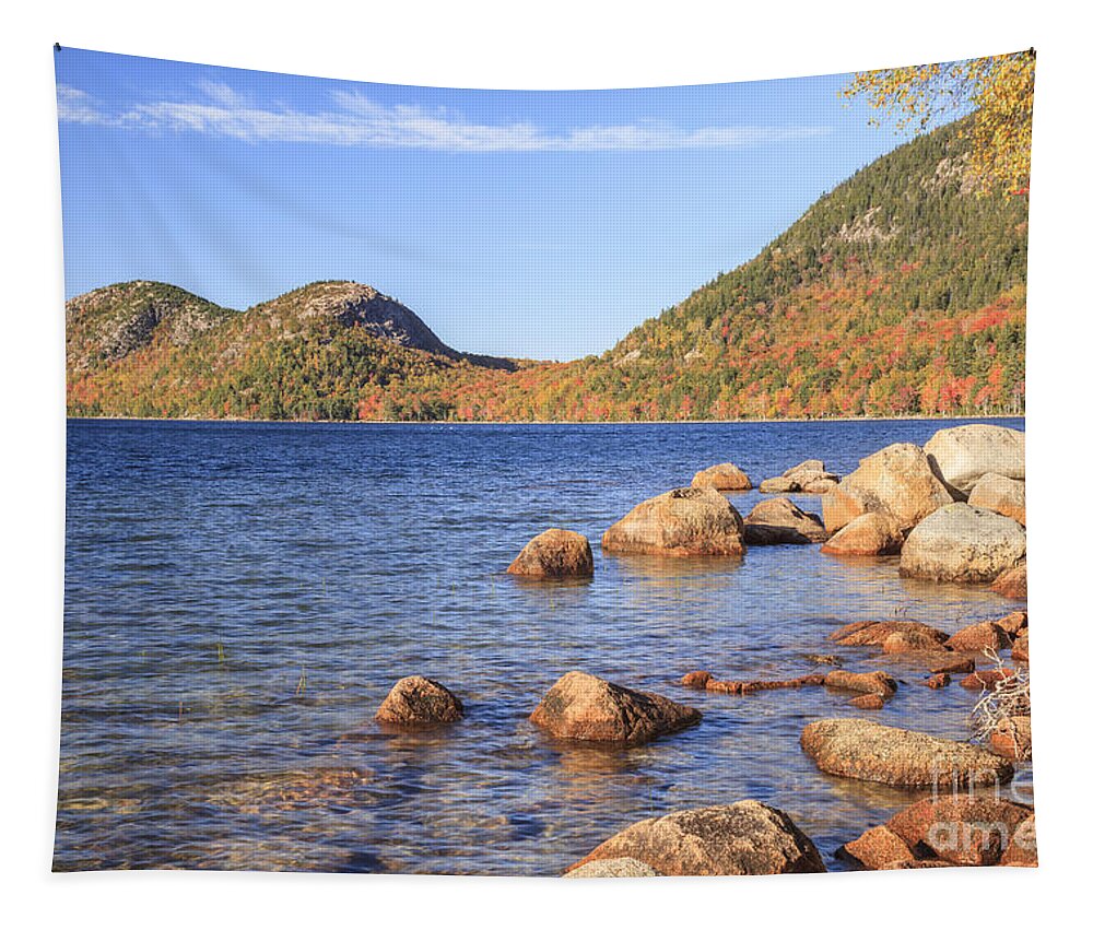Fall Tapestry featuring the photograph Jordan Pond and The Bubbles in Autumn Acadia National Park by Ken Brown