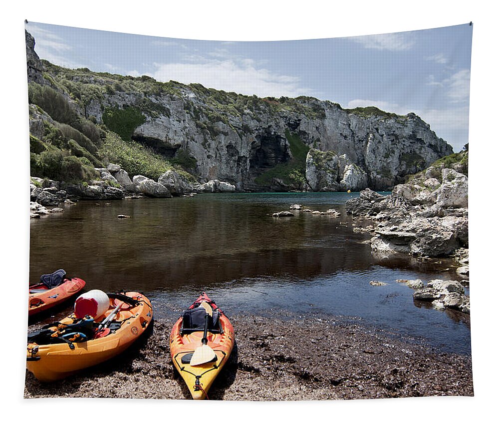 Blue Tapestry featuring the photograph Kayak time - The Landscape of Cales Coves Menorca is a great place for peace and sport by Pedro Cardona Llambias