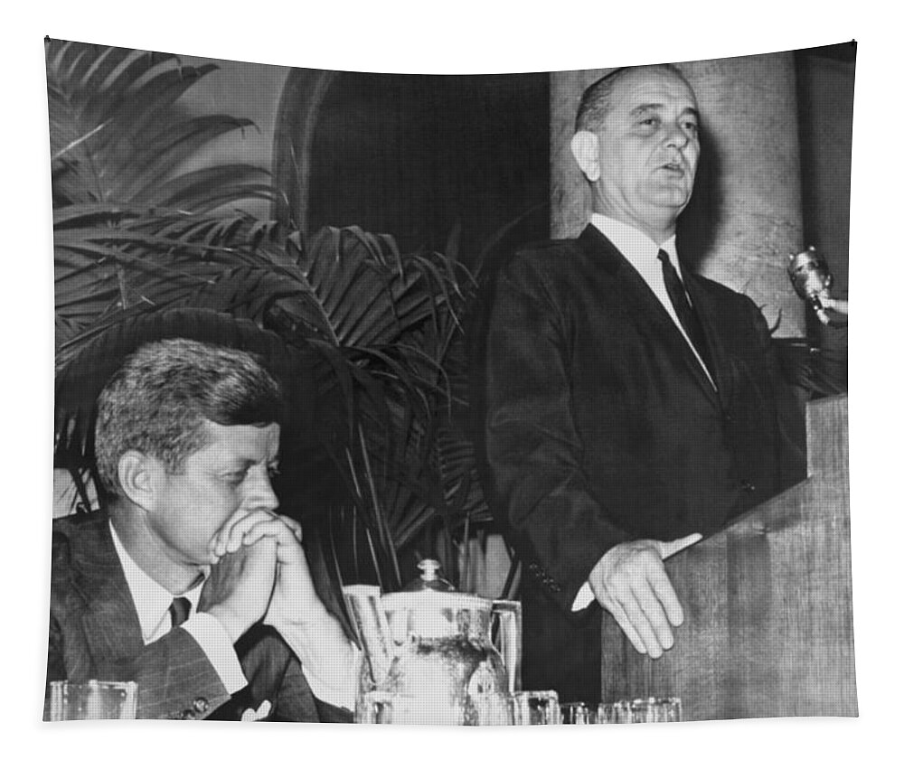 1960 Tapestry featuring the photograph Kennedy Listens To Johnson by Underwood Archives