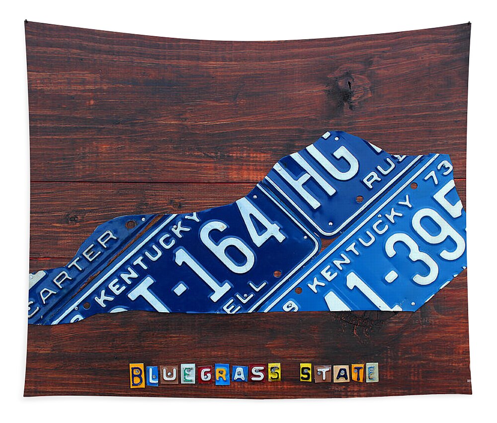 Kentucky Tapestry featuring the mixed media Kentucky License Plate Map The Bluegrass State by Design Turnpike