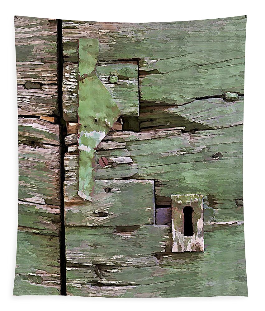 Americana Tapestry featuring the photograph Key Hole on a Green Weathered Wood Door by David Letts