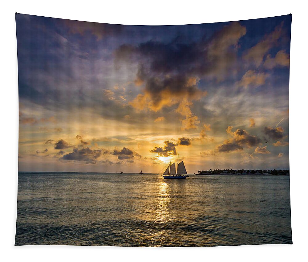 Key Tapestry featuring the photograph Key West Florida Sunset and Sailboat Mallory Square by Robert Bellomy
